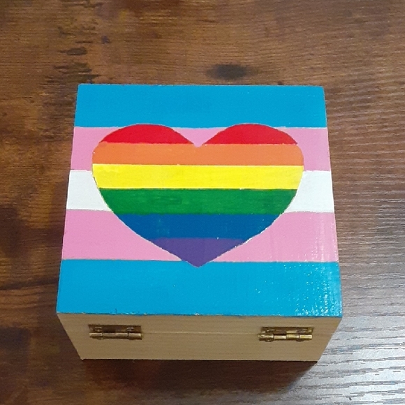 Other - Wooden Trinket Box with Hand-Painted Rainbow Heart & Trans Pride Stripes